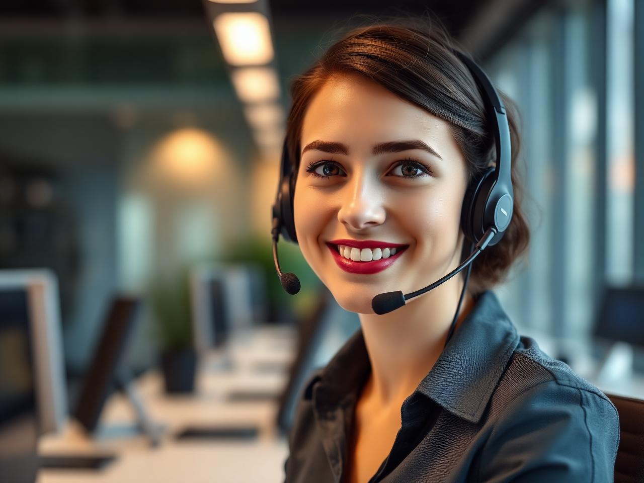 UK customer support adviser wearing a headset in a Manchester office
